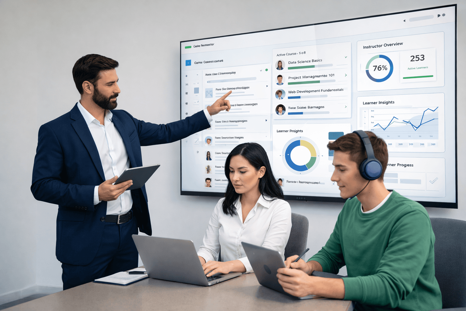Learning team collaborating with course and analytics dashboards on a large display