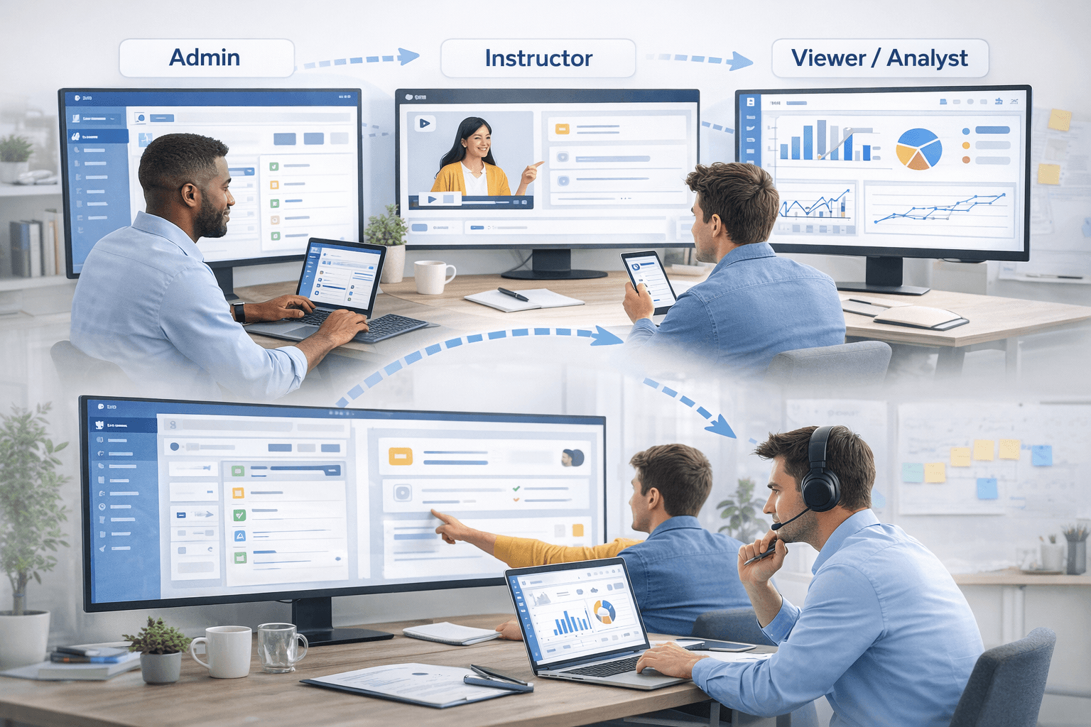 Illustration of Admin, Instructor, and Viewer or Analyst workflows connecting in one platform, with a collaborative office scene