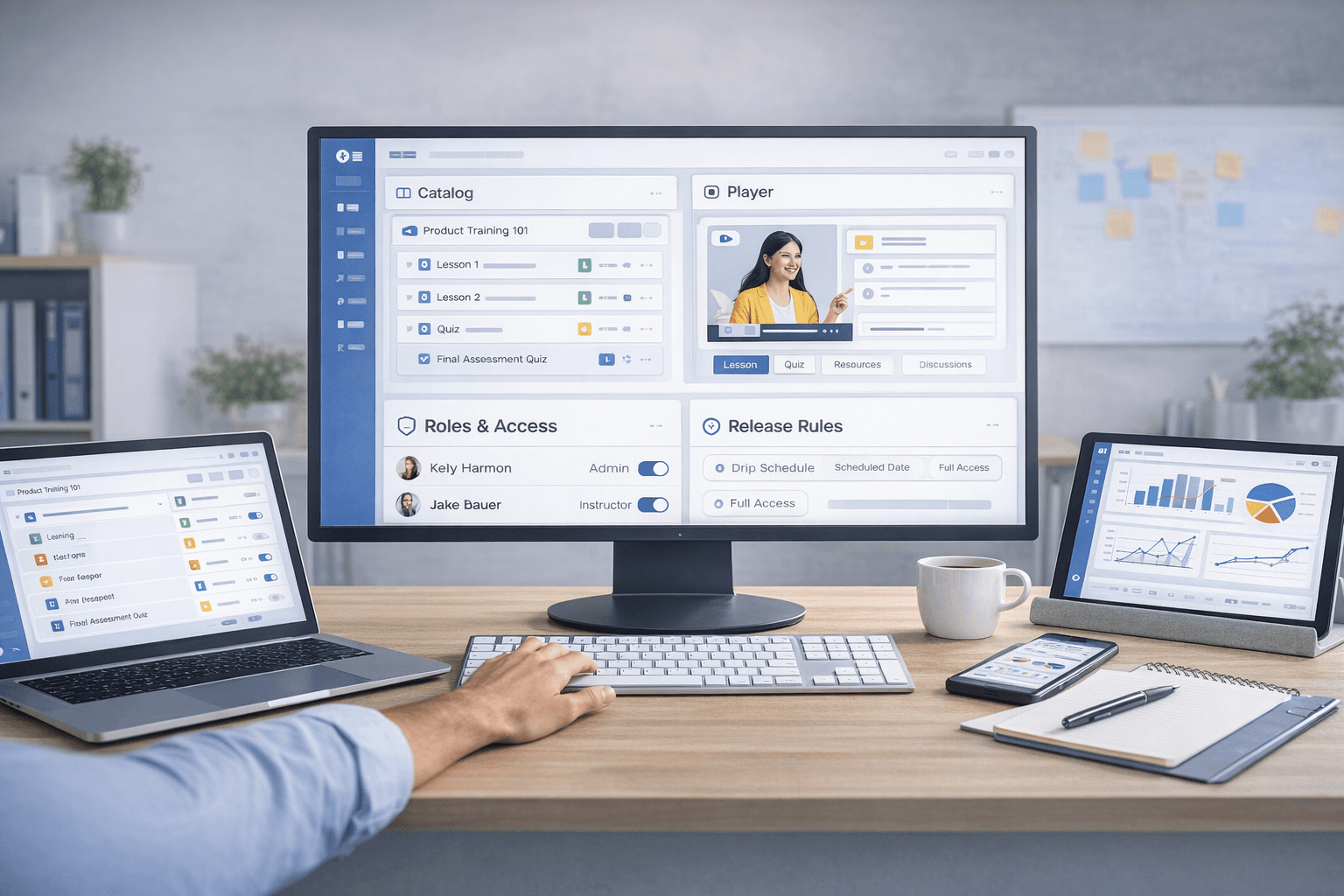 QubiNest on desktop, laptop, tablet, and phone catalog, lesson player, roles and access, release rules, and analytics in one workspace