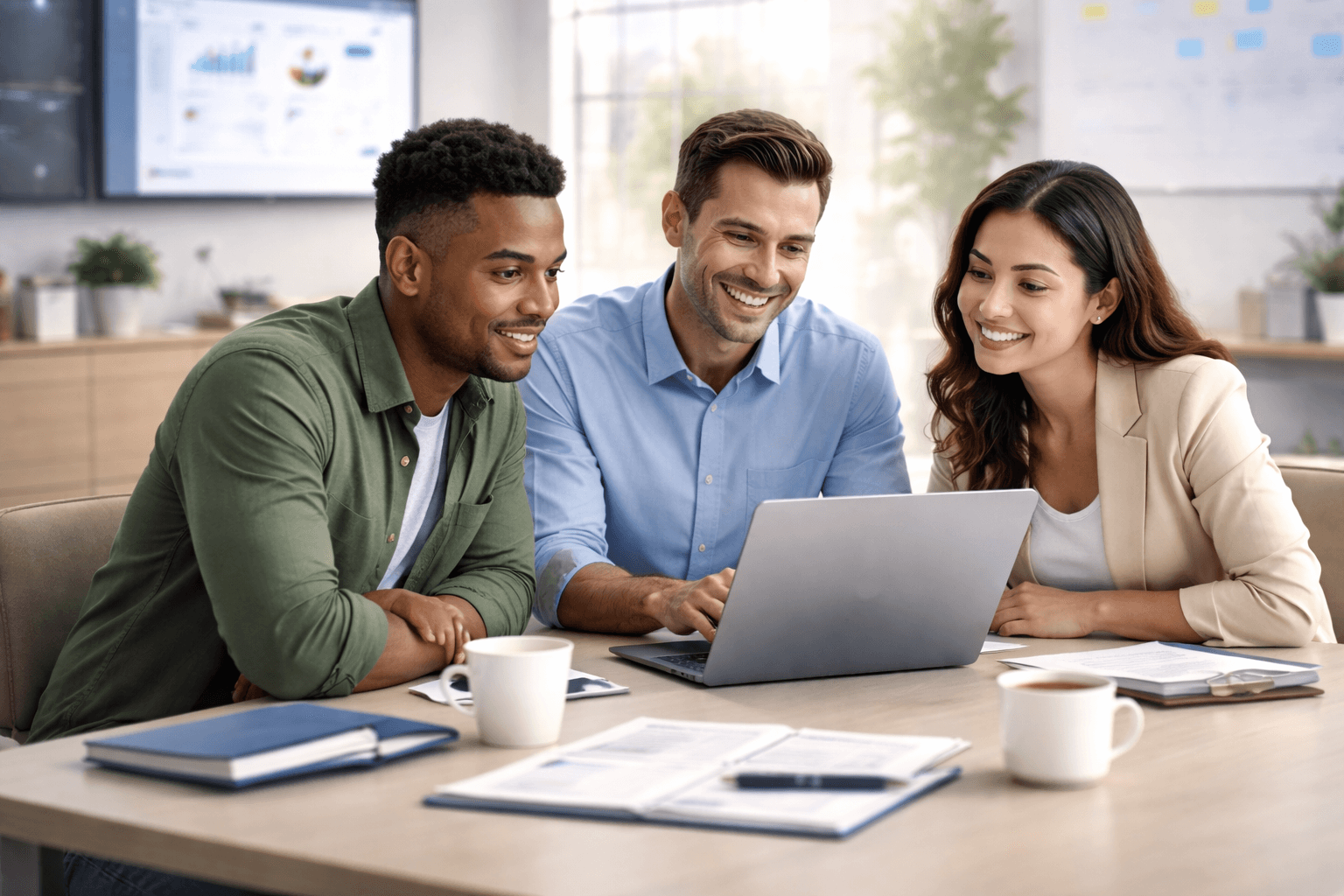 Colleagues collaborating around a laptop in a modern office, reviewing work together